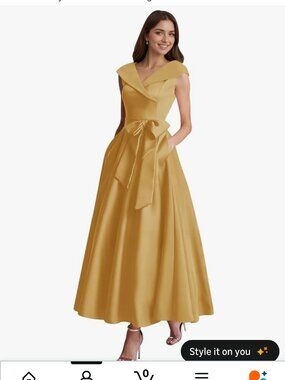 Formal Gold Satin Dress with Bow tea length